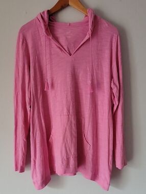 J Jill Tab-sleeve Knit Hoodie Pink Hooded Long Sleeve Pullover 100% Cotton